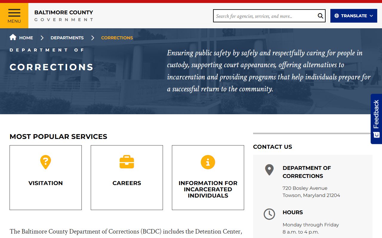 Baltimore County Detention Center page for Dundalk booking reports