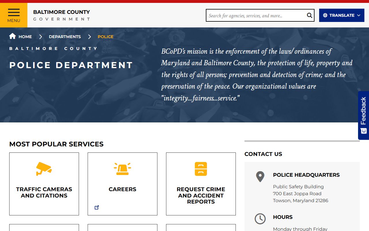 Baltimore County Police Department page for Dundalk booking reports