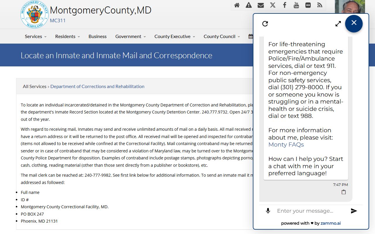 Montgomery County Correctional Facility information for Germantown booking reports