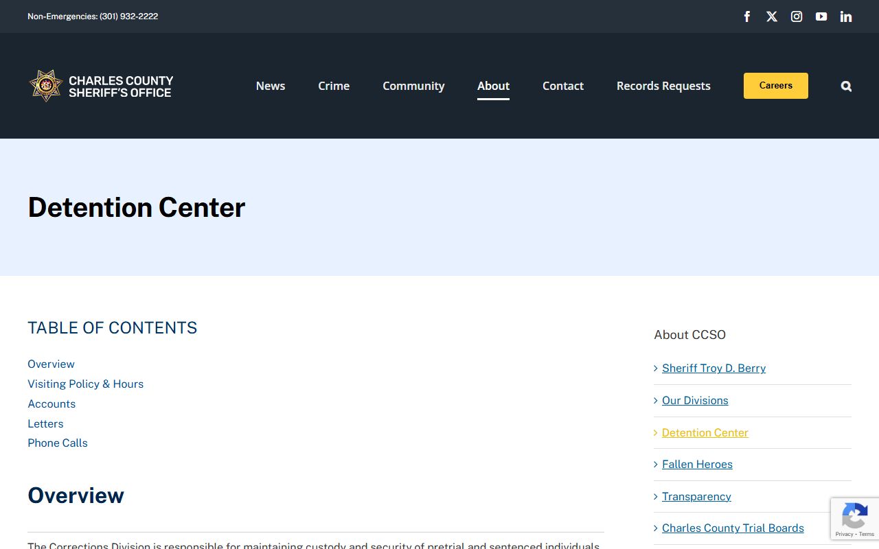 Charles County Detention Center information for Waldorf booking reports
