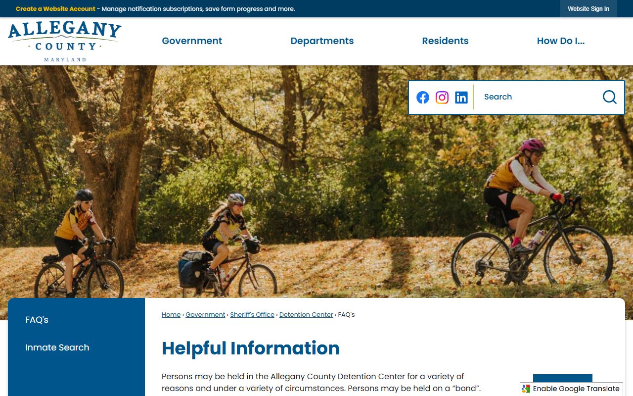 Allegany County Sheriff Office FAQ page for booking reports and detention center