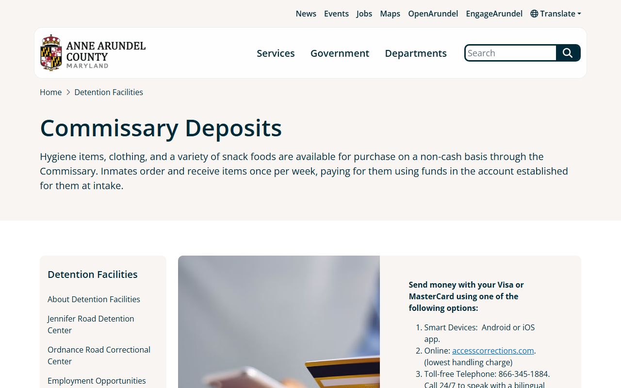 Anne Arundel County commissary deposit options for booked inmates