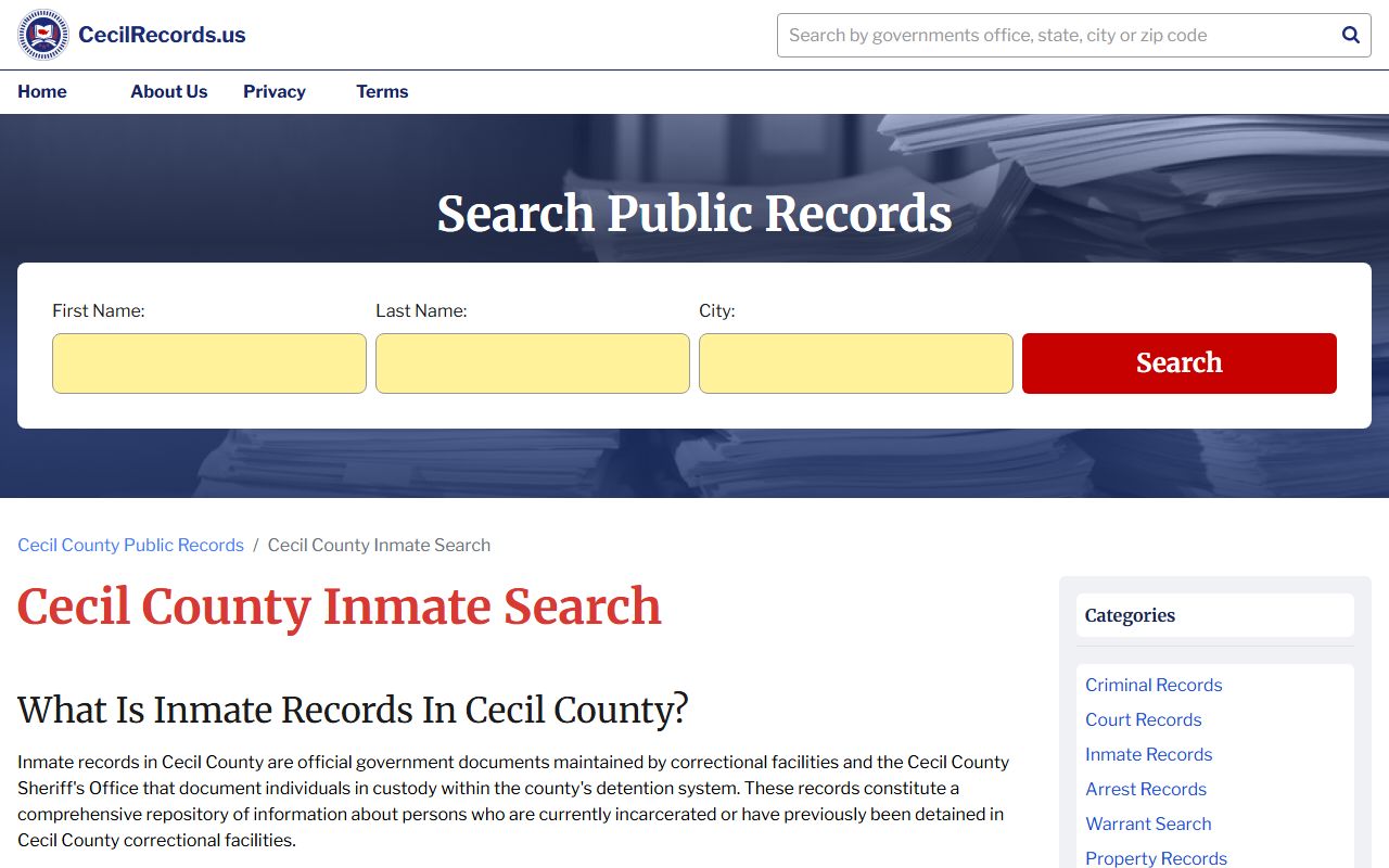 Cecil County Sheriff Office information page for booking reports and detention center