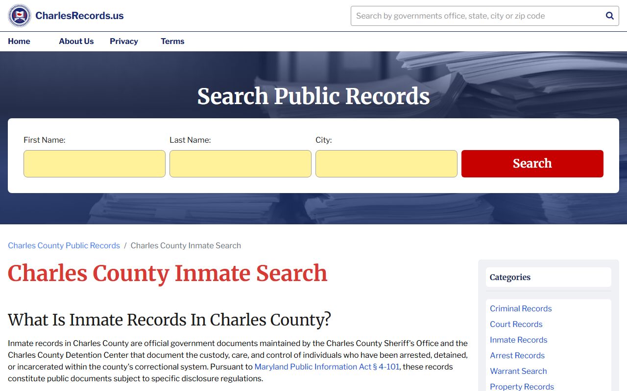 Charles County Sheriff's Office Detention Center booking reports page