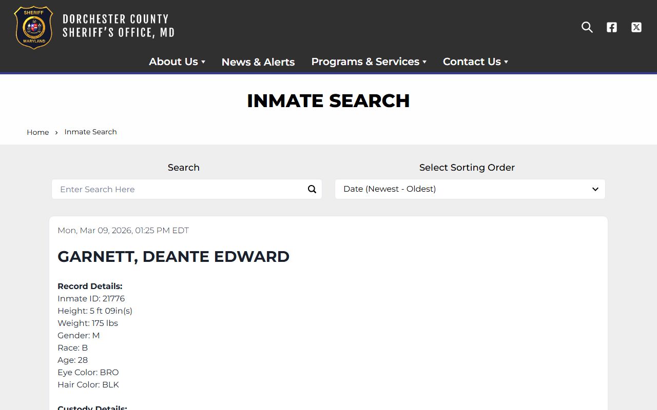 Dorchester County Sheriff inmate search and booking reports page