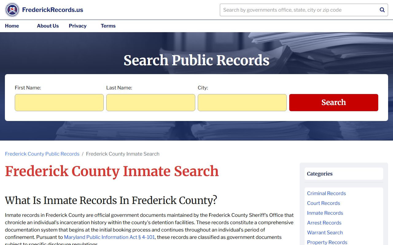 Frederick County Sheriff inmate search page for Frederick booking reports