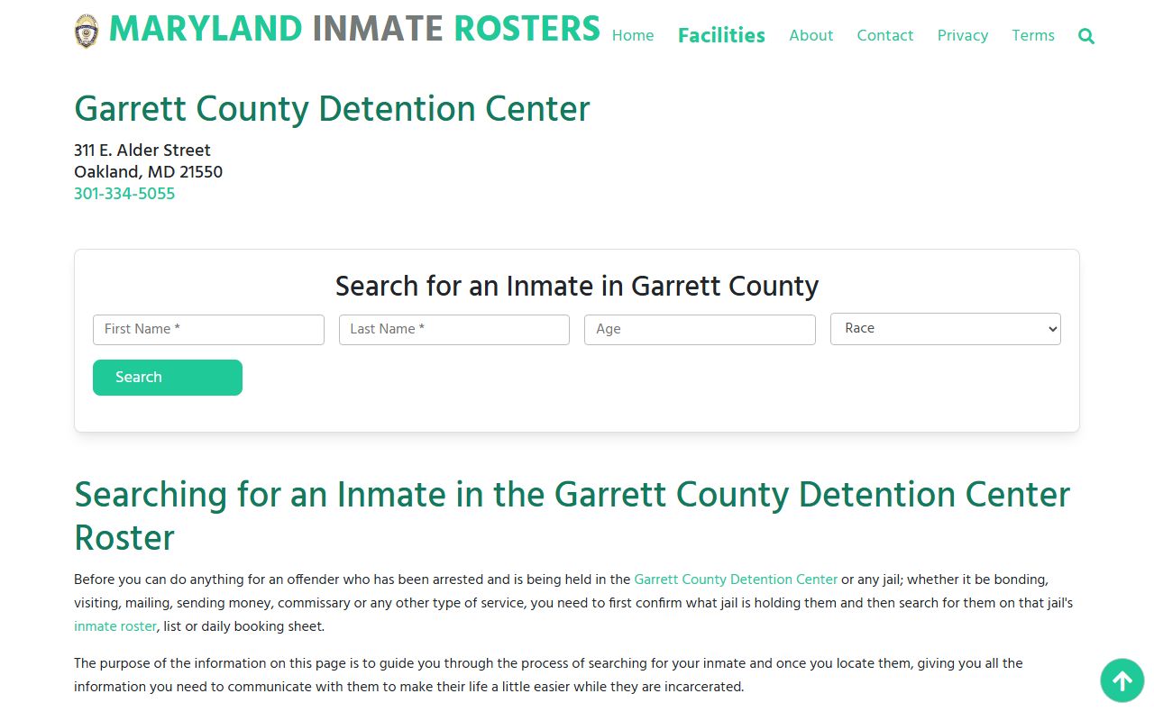 Garrett County Sheriff info page for Garrett County booking reports