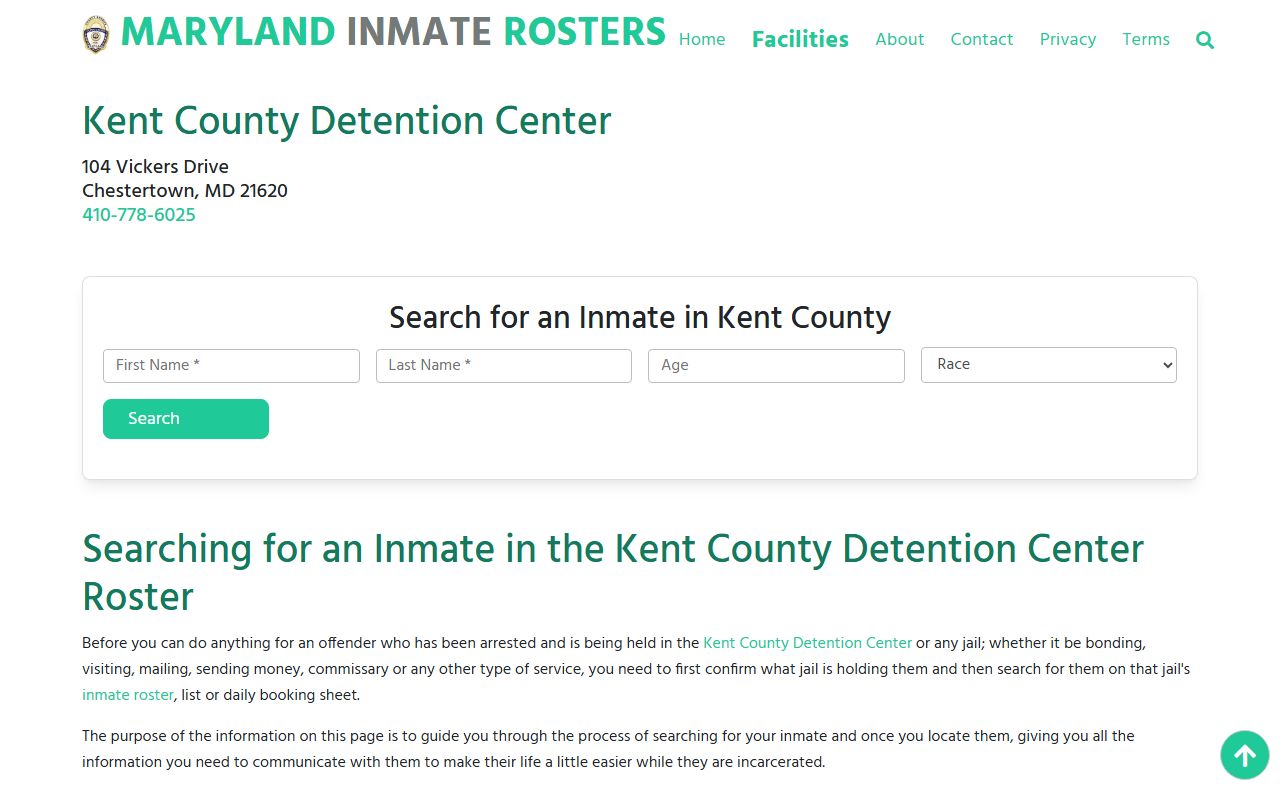 Kent County Detention Center information page for booking reports