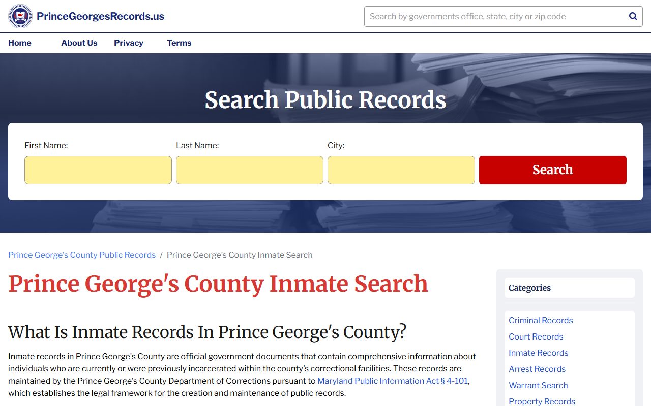 Prince George's County inmate search tool for booking reports