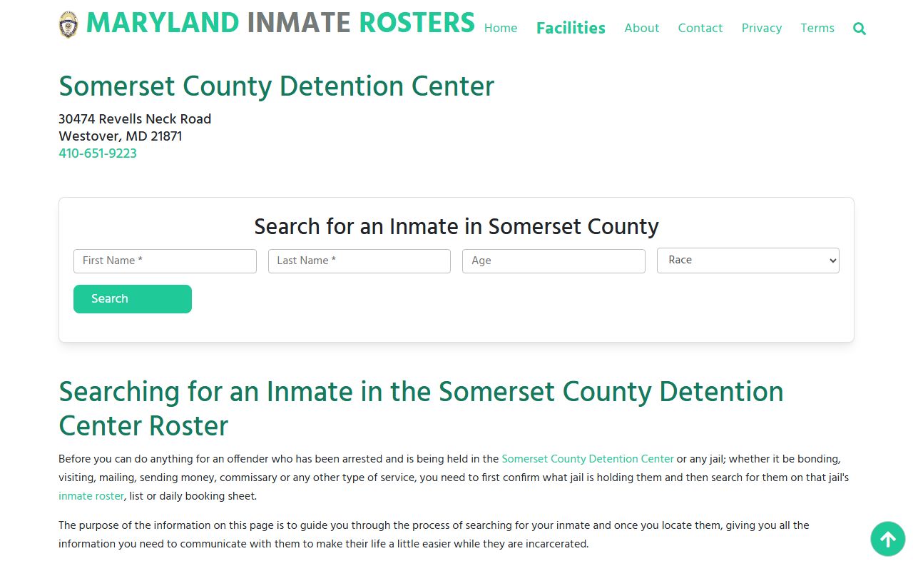 Somerset County Detention Center inmate information for booking reports