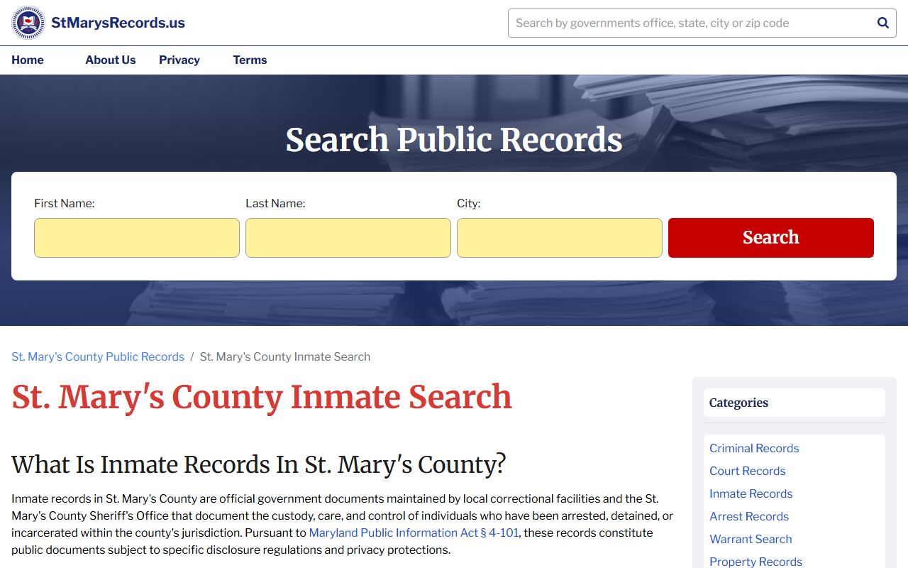 St. Mary's County inmate search portal for booking reports