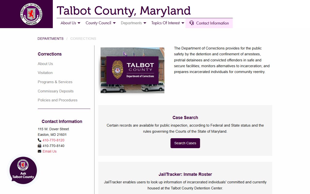 Talbot County government corrections page for booking reports