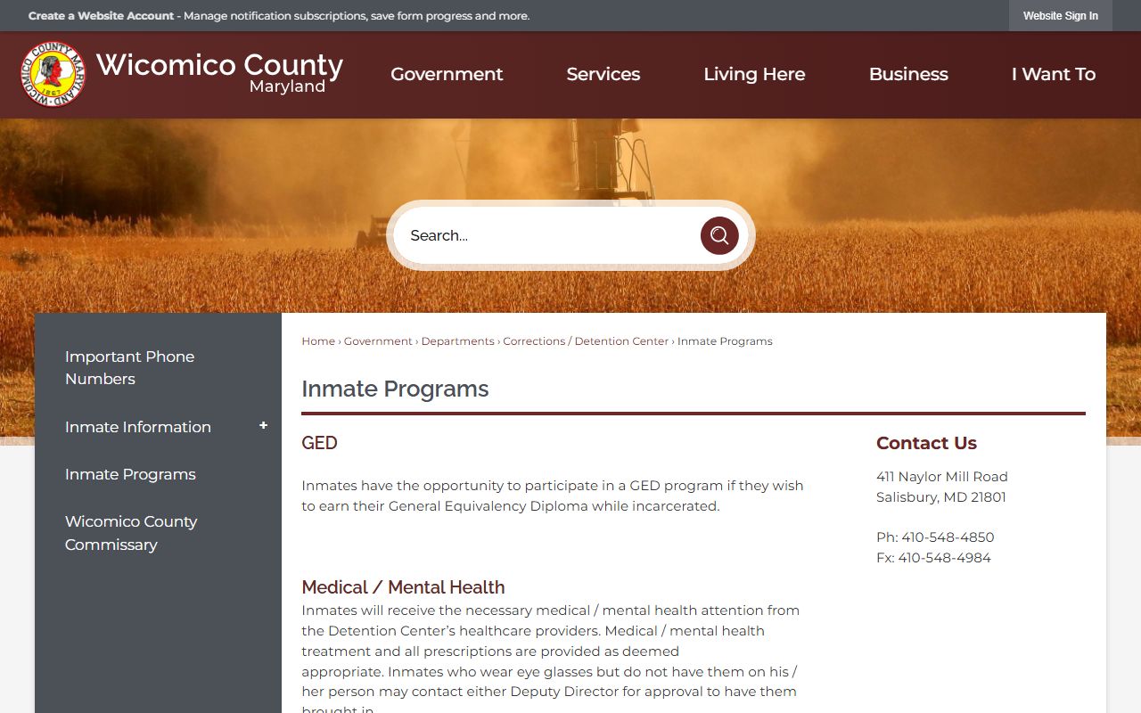 Wicomico County inmate programs page related to booking reports