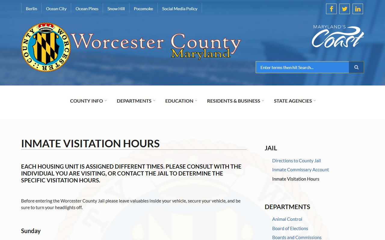 Worcester County Jail hours page for booking reports access