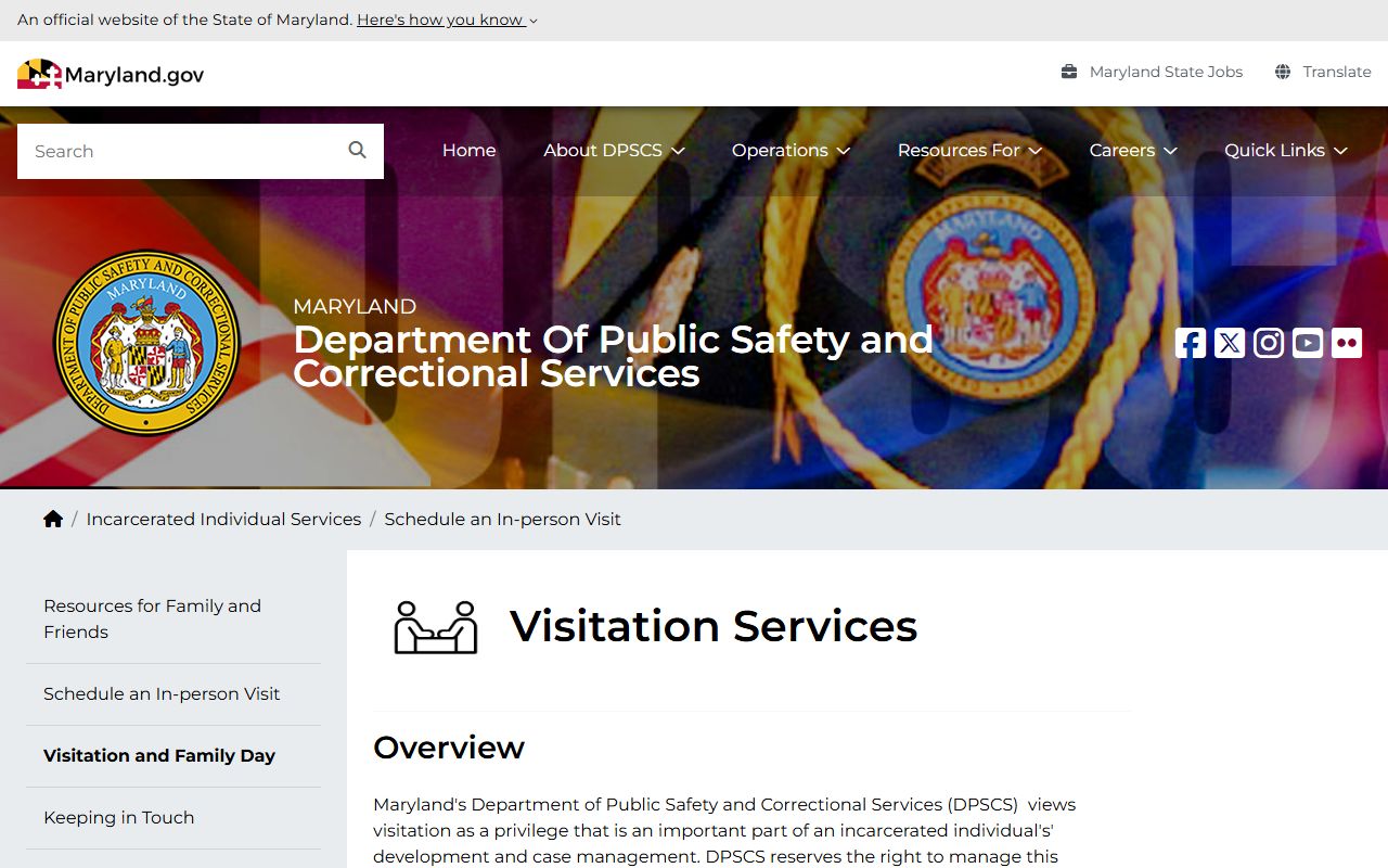 Maryland DPSCS services page for booking report access