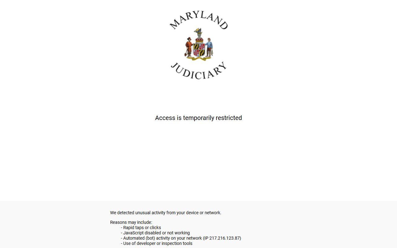 Maryland Judiciary Case Search database for booking reports