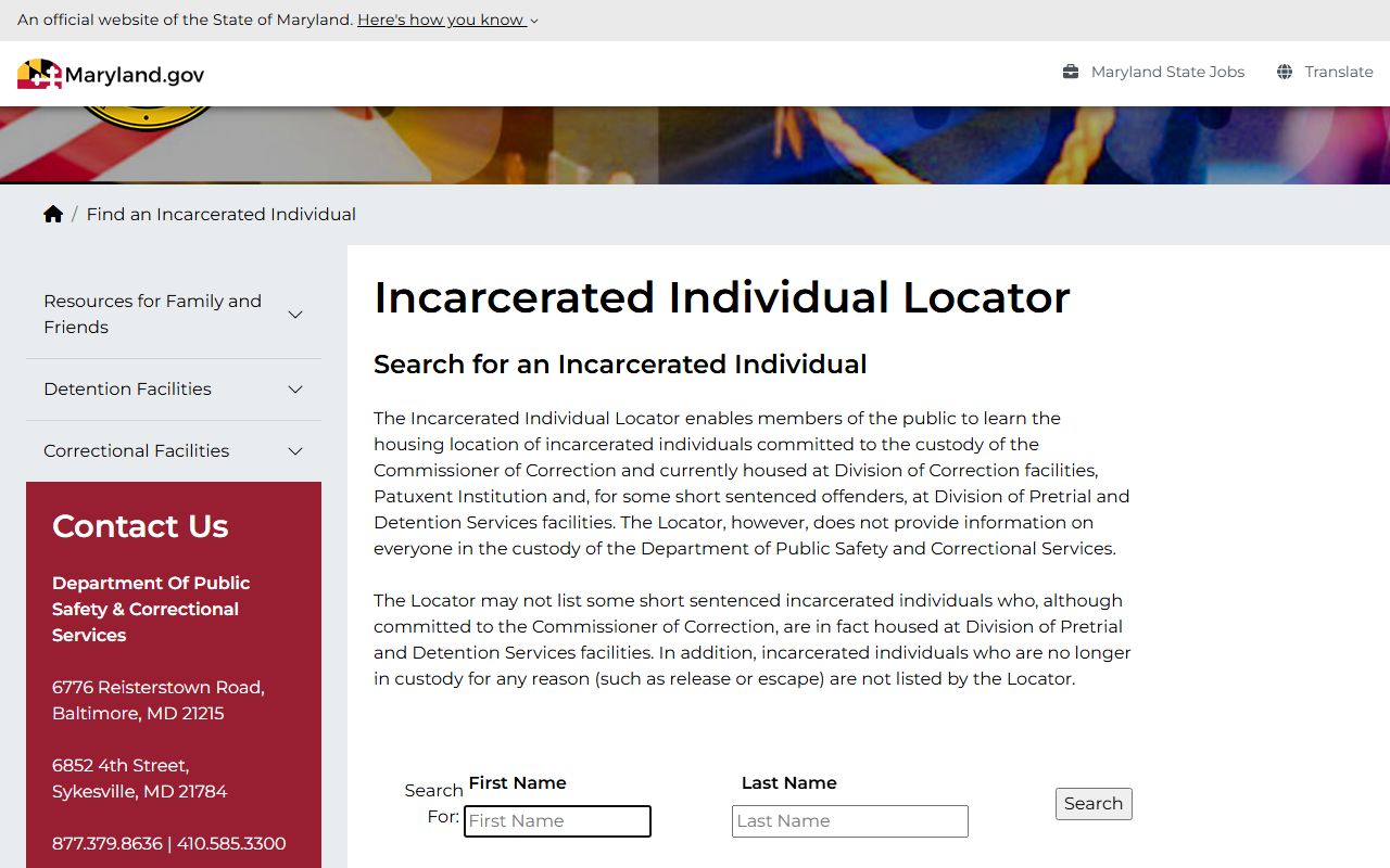 Maryland DPSCS Incarcerated Individual Locator for booking reports